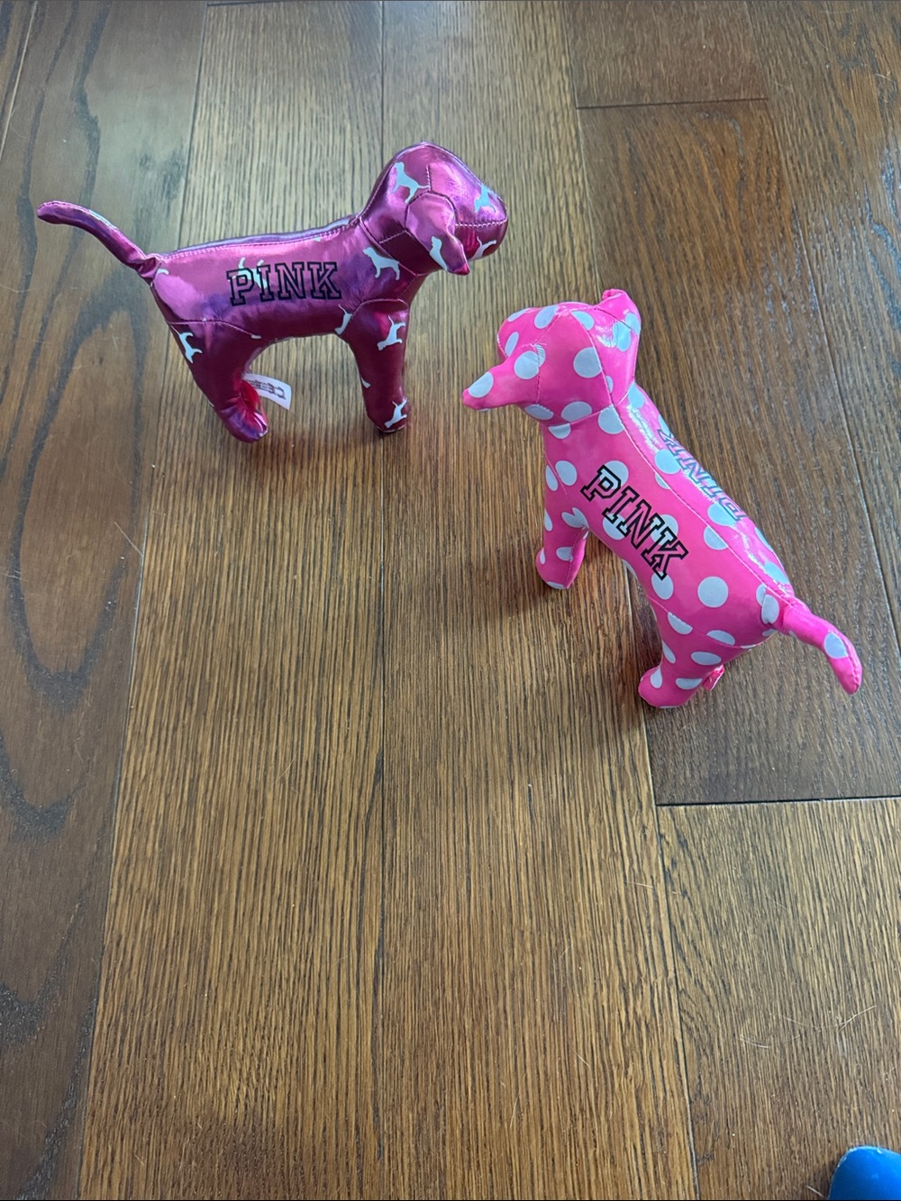 2 PINK Victoria's Secret Logo Hot Pink Polka Dot & Metallic Dog Plush Duo